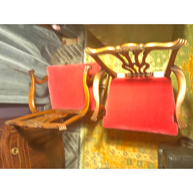 Brown Pair of Vintage English Chippendale Style Mahogany Library Armchairs in Crimson Velvet For Sale - Image 8 of 8