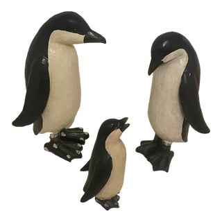 Plaster Penguin Family Decoration Wildlife Art Deco For Sale