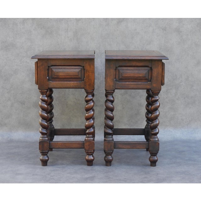 Early 20th Century Louis XIII French Oak Bedside Cabinets with Barley-Twist Legs, 1930, Set of 2 For Sale - Image 4 of 12