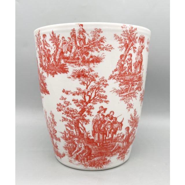 French Country Vintage Red Transfer Ware Ceramic Cachepot Planter - European Pastoral Scene, Cottagecore, Grandmillennial For Sale - Image 3 of 13