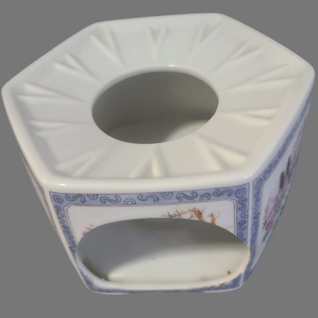 Vintage Japanese Hand Painted Floral, Birds Teapot Brass Handle on Warmer Stand For Sale - Image 10 of 11