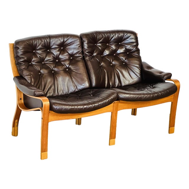Vintage Scandinavian Teak and Leather Bench, 1960 For Sale