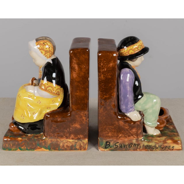 1930s French Faience Hb Quimper Bookends by Berthe Savigny For Sale - Image 5 of 9
