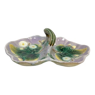 Vintage Majolica Ceramic Handled Dish With Berry & Leaf Motif For Sale