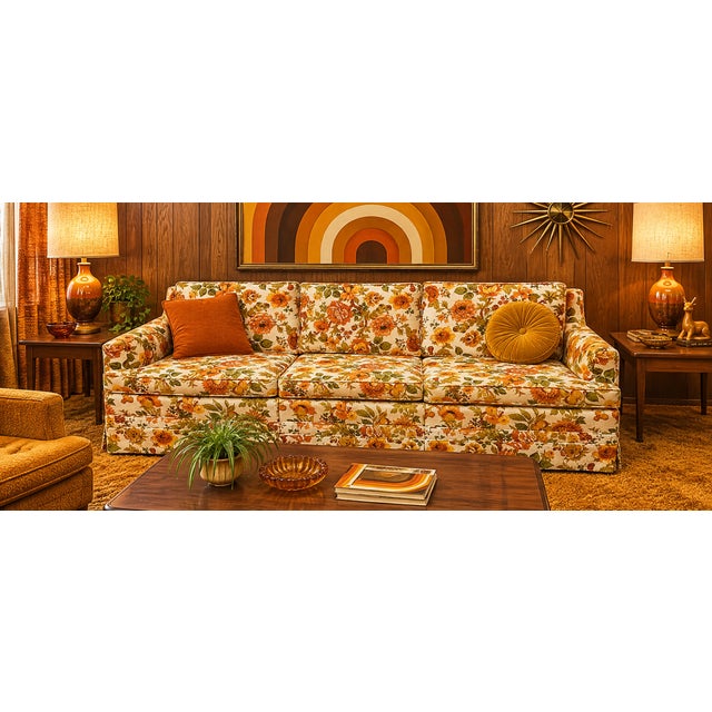 Vintage 1970s Orange / Yellow Floral Textured Skirted Sofa Couch For Sale - Image 12 of 12