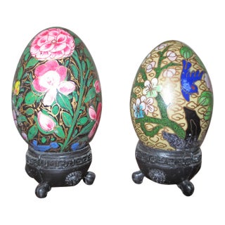 Pair of 1980s Cloisonné Eggs With Stands For Sale
