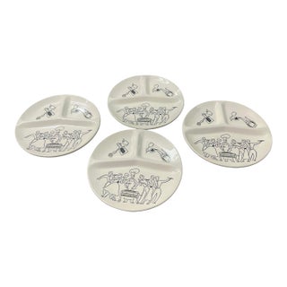 Vintage Set of 4 Royal China Company Mid Century Modern Divide BBQ Ceramic Plates Barbecue 1950s For Sale