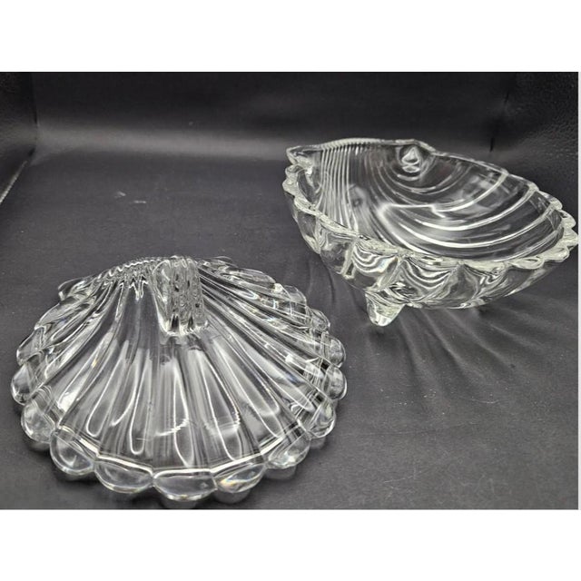 Glass Vintage 1950s Crystal Glass Clam Shell Candy Dish Jewelry Trinket Box W Lid For Sale - Image 7 of 7