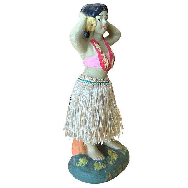 Original post-war ceramic chalkware dancing Hawaiian Hula girl figurine made from lightweight plaster and painted in...