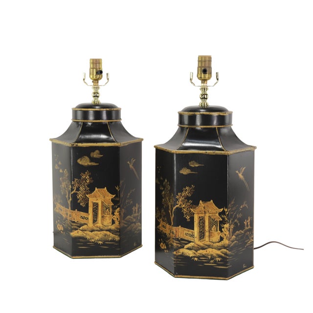 These are exquisite 20th-century vintage English Regency-style hexagonal metal tea caddy lamps. The matte black lacquer...