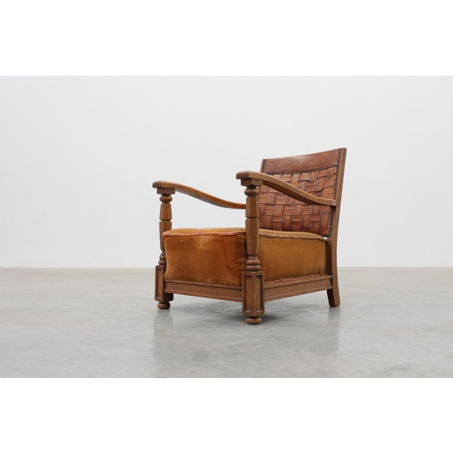 Art Deco Oak Lounge Chair with Woven Leather Back and Ochre Velvet, Belgium, 1920s For Sale - Image 6 of 15