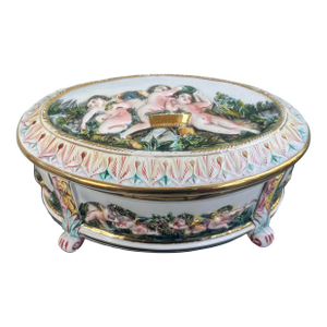 1938 Capodimonte Italian Porcelain Jewelry Box With Cherubs and Gilded Details