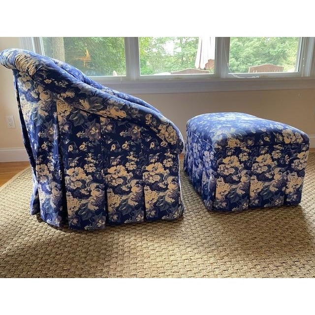 Curvy Custom Chair and Ottoman Upholstered in Ralph Lauren Upholstered in Ralph Lauren’s iconic Staffordshire Blue This...