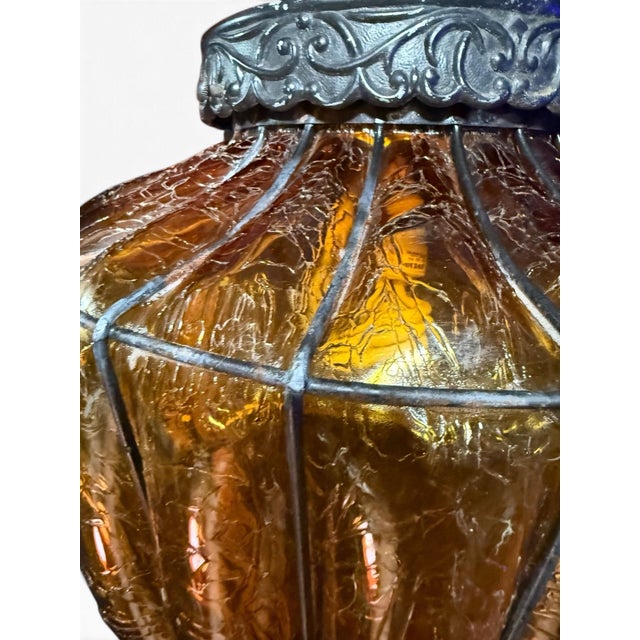 Vintage Amber Textured Glass Swag Pendant Lamp With Decorative Metal Cage, Newly Rewired For Sale - Image 4 of 8