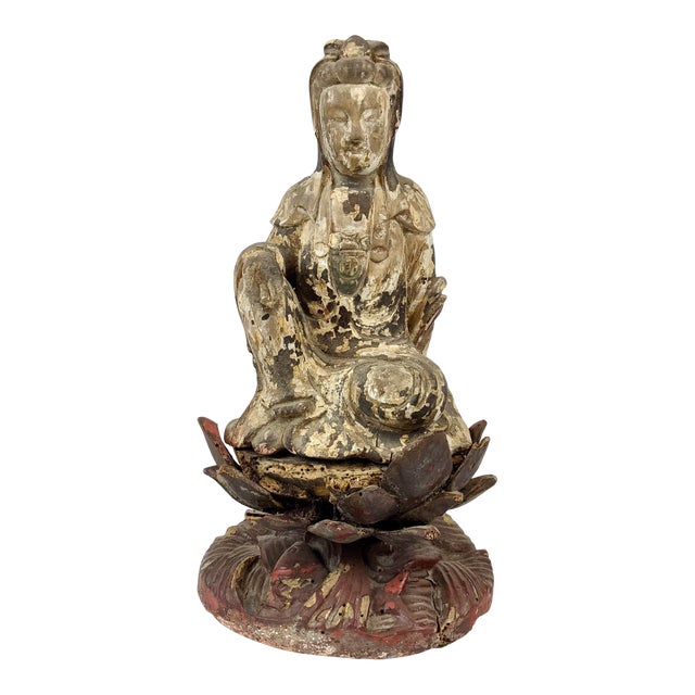 Mid 18th Century Carved Goddess of Mercy on Lotus Stand For Sale