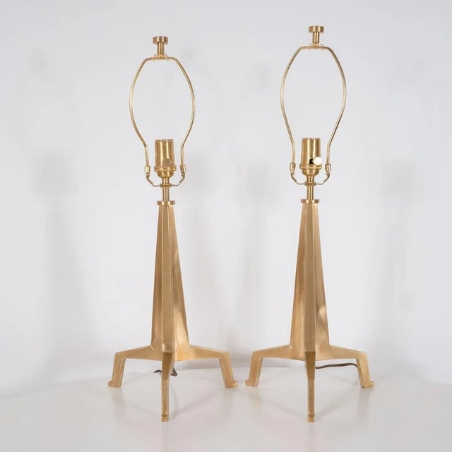 Pair of brutalist style tripod table lamps. Creator: Marcelo Bessa Manufacturer: Spark Interior Origin: United States...