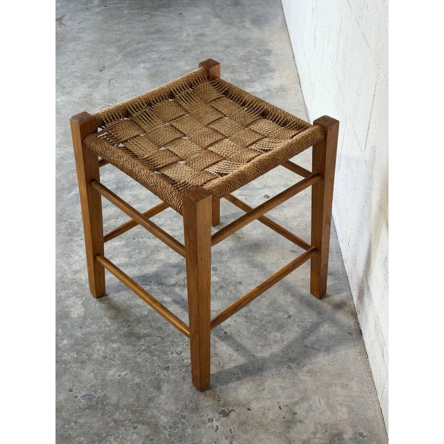Brown Oak Stool With Woven Cord Seat Rustic Scandinavian Vintage Mid-Century Modern 1970s For Sale - Image 8 of 10