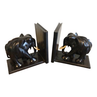 Ebony Carved Elephant Bookends, a Pair For Sale