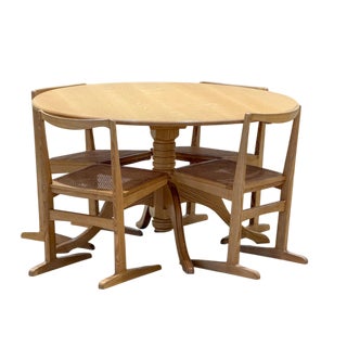 Mid-Century Circular Dining Table in Elm and Chairs in Rattan, 1960s, Set of 5 For Sale