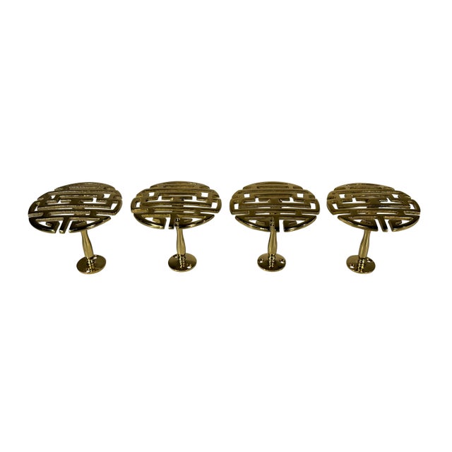Chinoiserie Vintage Brass Chinese Shou Longevity Curtain Tieback Posts Two Pairs - Set of Four For Sale - Image 3 of 6