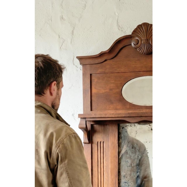 Antique French Provincial Carved Oak Hall Mirror with Beveled Glass and Shelf, 1890 For Sale - Image 5 of 15