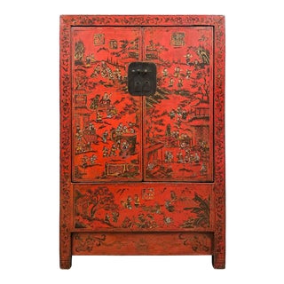 Antique Chinese Red Lacquered Wedding Armoire, Wardrobe With 100s Kids For Sale