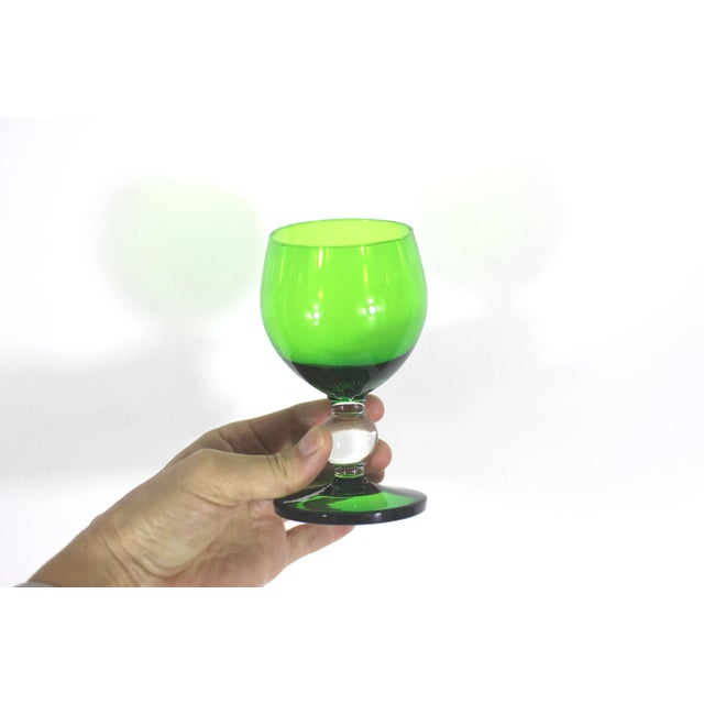 1960s Handblown Set of 4 Small Green Glass Goblets Clear Ball Stem For Sale - Image 4 of 10