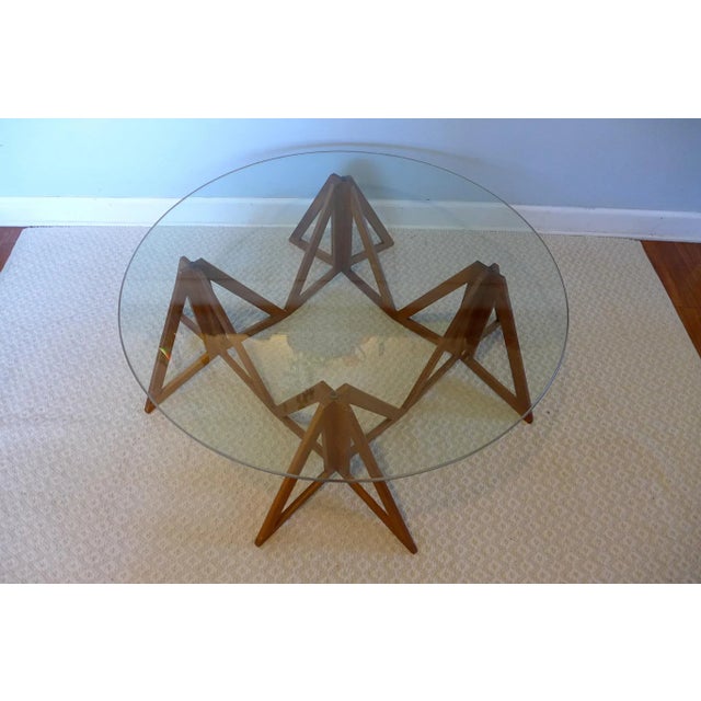Brown 1960s Danish Geometric Coffee Table Quad Walnut Base With Round Glass Top For Sale - Image 8 of 12