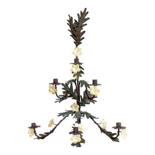 Antique Painted Floral Toleware 6-Arm Candelabra For Sale
