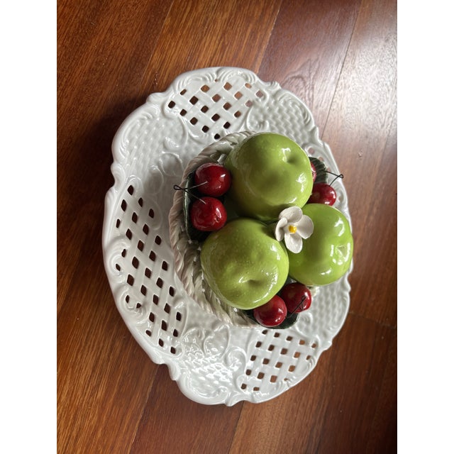 Majolica Vintage Italian Capodimonte Hand-Painted Ceramic Fruit Basket & Lattice Tray Set For Sale - Image 4 of 7