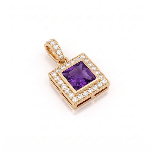 This captivating pendant features a rich, royal purple square-cut amethyst at its center, prized for its deep saturation...