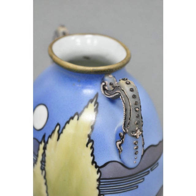 Ceramic Antique Hand Painted Blue Nippon Porcelain Halloween Pattern Twin Handle Vase For Sale - Image 7 of 14