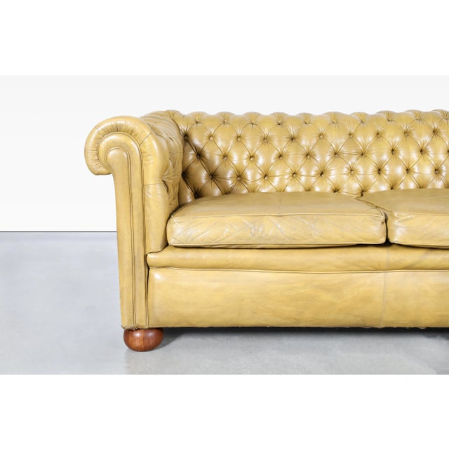 Wood Vintage English Chesterfield Sofa in Original Golden Tan Leather, 1950s For Sale - Image 7 of 9