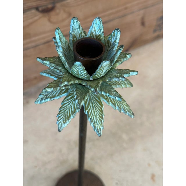 Pair of Tropical Palm Tree Metal Candle Holders With Verdigris Finish For Sale - Image 4 of 8