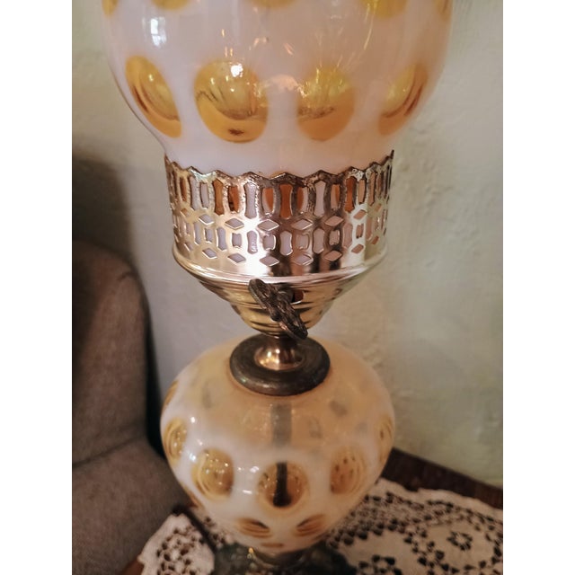 Mid-Century Modern Vintage Fenton Honeysuckle Topez Opalescent Coin Dot Hurricane Parlor Lamp For Sale - Image 3 of 5