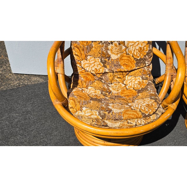 1970's Pair of Vintage Bamboo Rattan Mid Century Modern Swivel Orange Chairs For Sale - Image 10 of 18