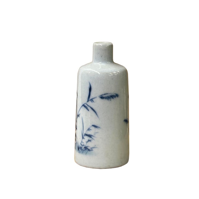 Small Blue White Handpaint Birds Scenery Graphic Porcelain Vase For Sale - Image 4 of 8