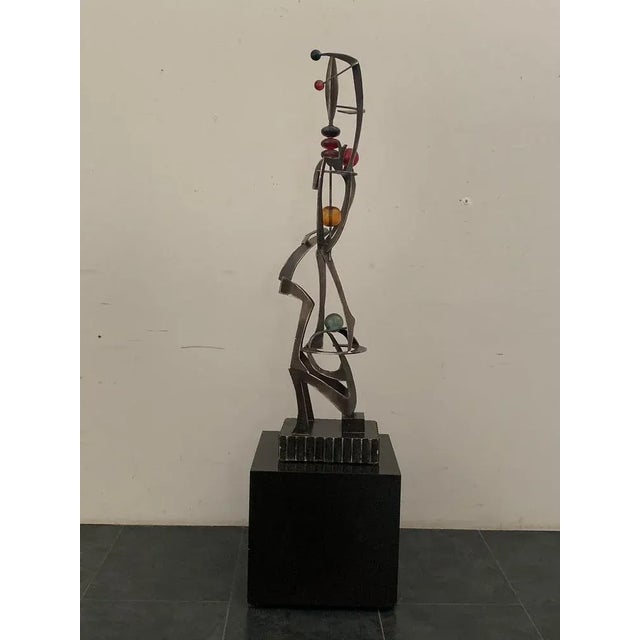 Unknown Artist, Futuristic Juggler Sculpture, Wrought Iron and Colored Resin For Sale - Image 10 of 12