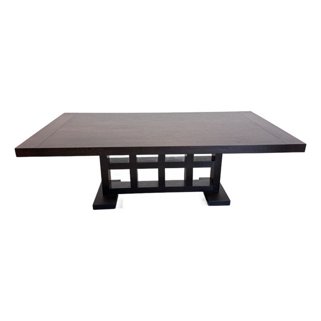 Late 20th Century Ebonized Oak Extension Dining Table With Lattice Pedestal Base For Sale
