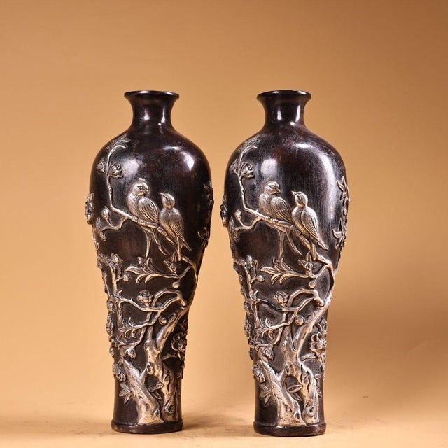Pair of Antique Repoussé Bronze Vases With Silver-Gilt Magpie & Plum Blossom Motifs For Sale - Image 9 of 10