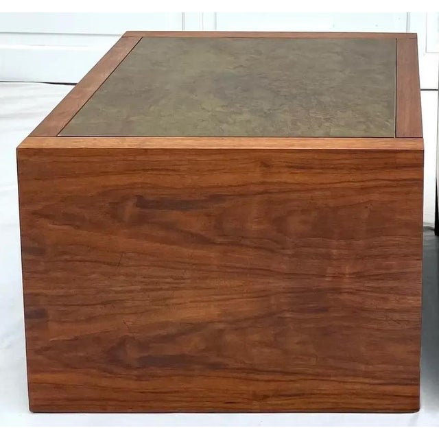 Mid-Century Modern Harry Lunstead Style Wood Cabinet Side Table With Etched Metal Top For Sale - Image 9 of 11