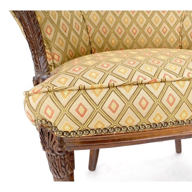 Tan Pair of Antique Carved Mahogany Upholstered Fireside Arm Chairs For Sale - Image 8 of 13