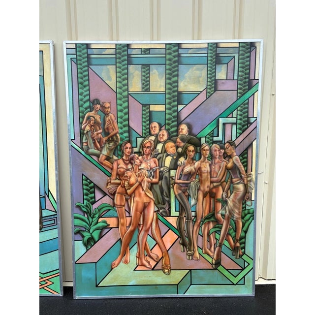 Pair of Monumental Figurative Surrealist Paintings, Signed “John h.h.” 1974 For Sale - Image 10 of 12