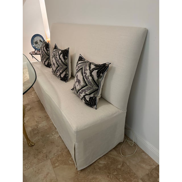 Cream Linen and Blond Wood 7-Foot-Long Bench For Sale - Image 9 of 12