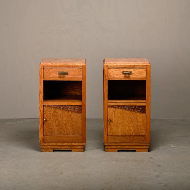 Wood French Art Deco Oak and Marble Nightstands, 1930s, Set of 2 For Sale - Image 7 of 15