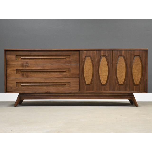 1960s 1960s Refinished Walnut and Burl Long 78” Dresser by Young Manufacturing For Sale - Image 5 of 9