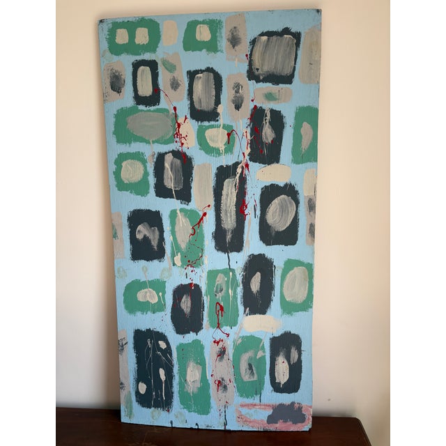 Turquoise Large Abstract Painting on Board - Signed For Sale - Image 8 of 10
