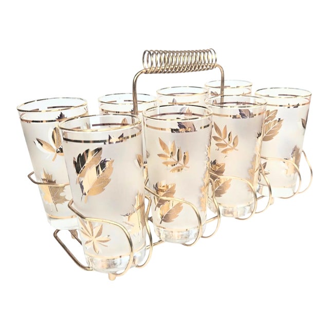 Hollywood Regency Gold Leaf Tumblers and Carrier- Set of Nine For Sale