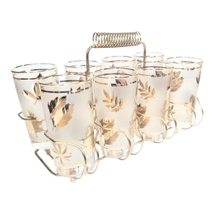 Hollywood Regency Gold Leaf Tumblers and Carrier- Set of Nine