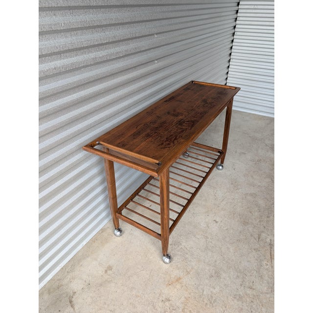 Mid Century Modern Wood Bar Cart Rolling Serving Trolley For Sale - Image 4 of 14